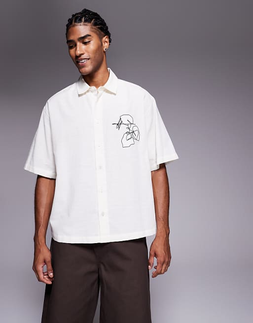 DESIGN boxy oversized shirt with chest embroidery in beige