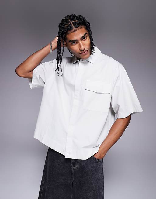 DESIGN boxy oversized shirt with concealed buttons in light grey