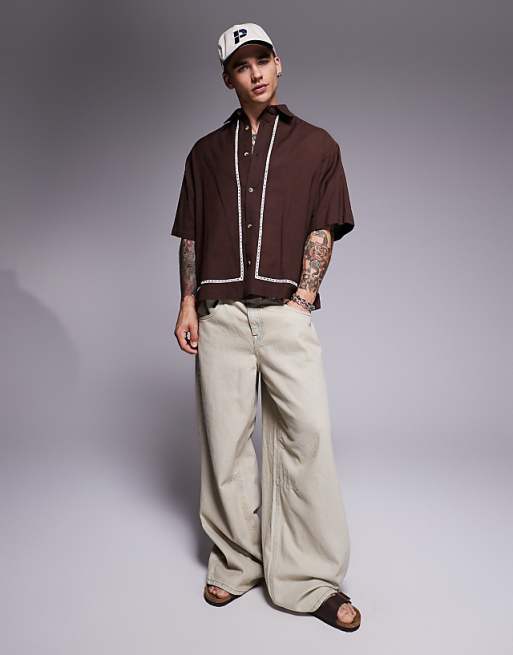 DESIGN Boxy Oversized Shirt With Crochet Detail In Brown