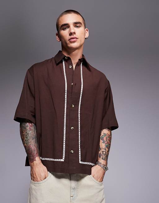 DESIGN boxy oversized shirt with crochet detail in brown