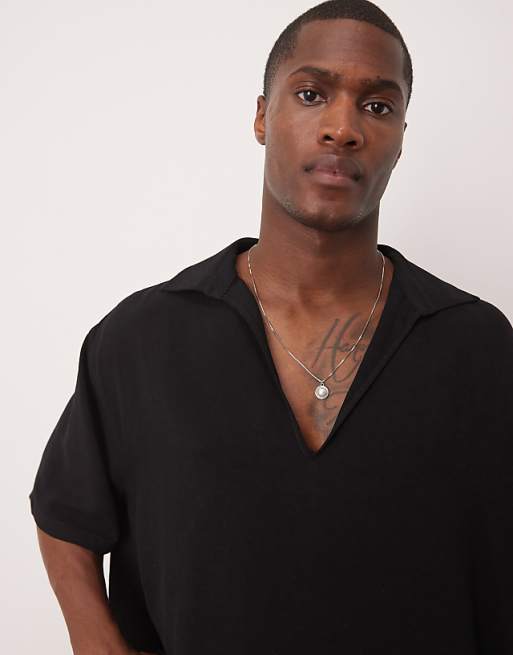 DESIGN Boxy Oversized Shirt With Deep V Neck In Black