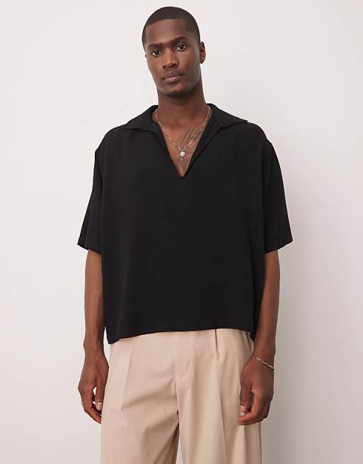 DESIGN boxy oversized shirt with deep v neck in black