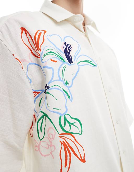 DESIGN Boxy Oversized Shirt With Floral Print In Stone