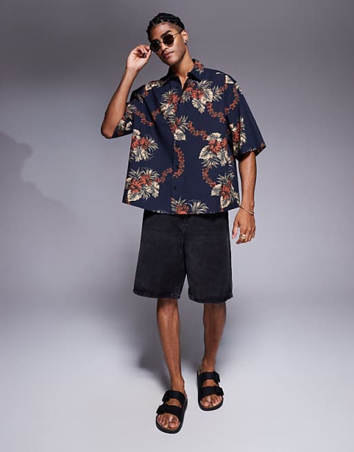 DESIGN Boxy Oversized Shirt With Floral Print In Brown And Navy