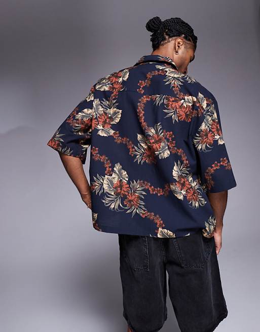 DESIGN Boxy Oversized Shirt With Floral Print In Brown And Navy