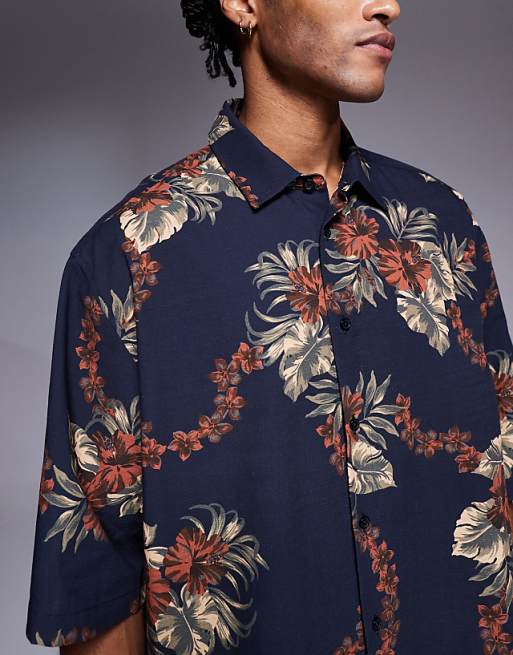 DESIGN Boxy Oversized Shirt With Floral Print In Brown And Navy