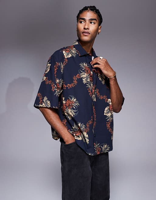 DESIGN boxy oversized shirt with floral print in brown and navy