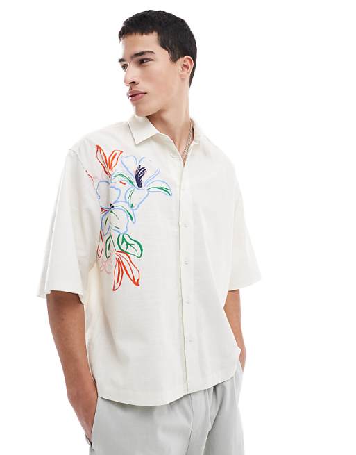DESIGN boxy oversized shirt with floral print in stone