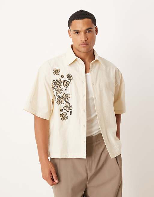 DESIGN boxy oversized shirt with flower print in beige