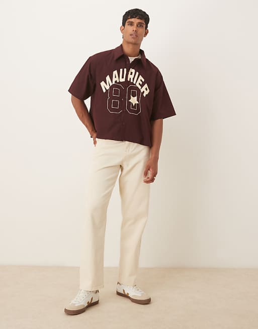 DESIGN Boxy Oversized Shirt With Front Print In Burgundy