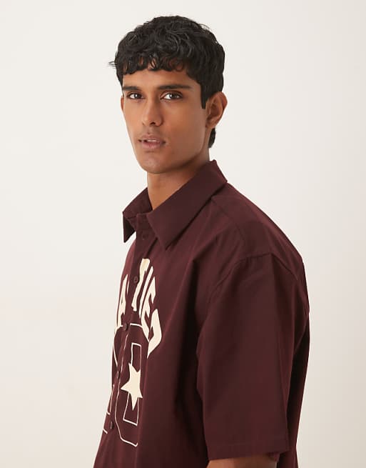 DESIGN Boxy Oversized Shirt With Front Print In Burgundy