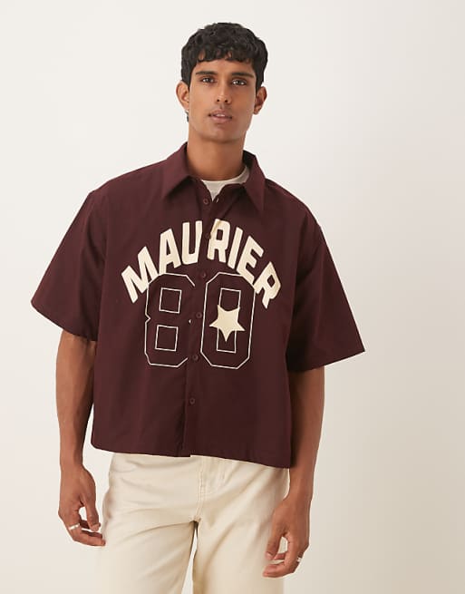 DESIGN boxy oversized shirt with front print in burgundy