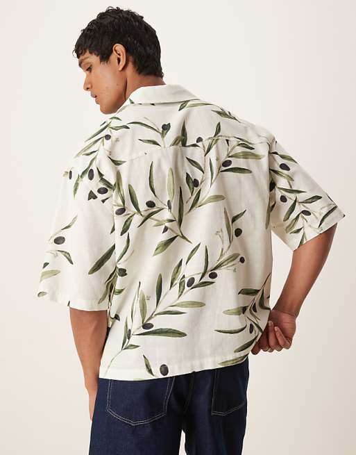 DESIGN Boxy Oversized Shirt With Leaf Print In White And Green