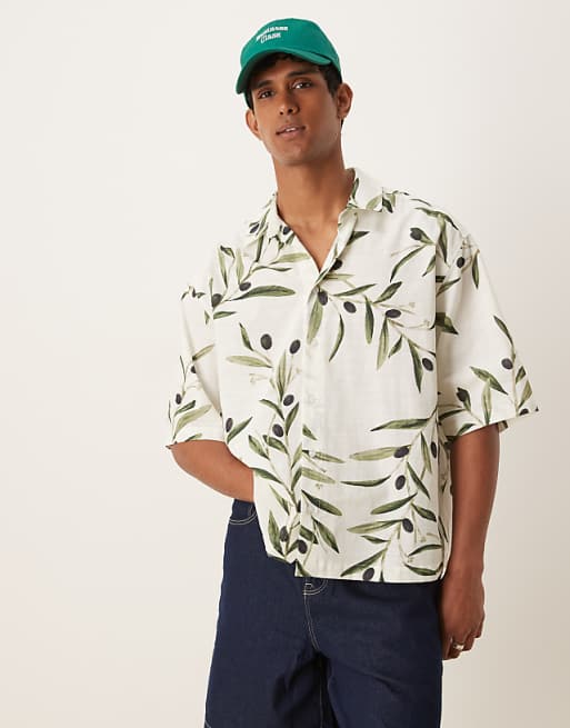DESIGN Boxy Oversized Shirt With Leaf Print In White And Green