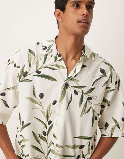 DESIGN boxy oversized shirt with leaf print in white and green