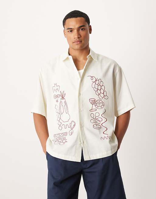 DESIGN boxy oversized shirt with placement print in beige