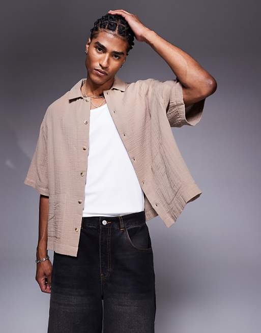DESIGN boxy oversized shirt with pockets in brown