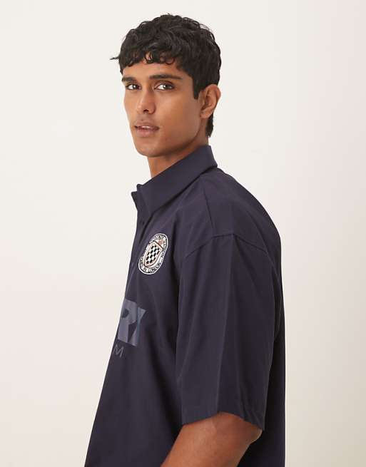 DESIGN Boxy Oversized Shirt With Sport Print In Navy