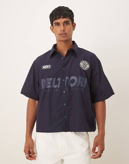 DESIGN boxy oversized shirt with sport print in navy