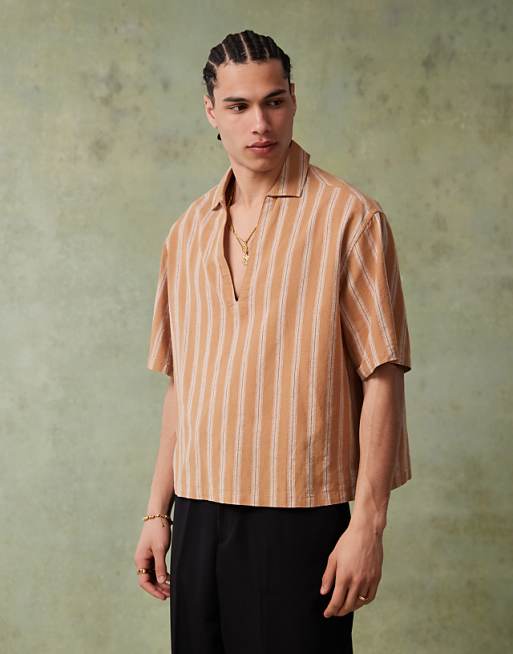 DESIGN boxy oversized shirt with vertical stripe in brown