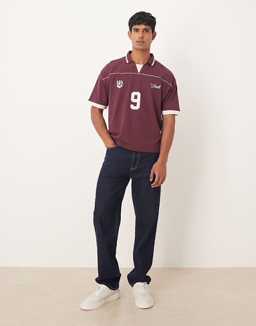 DESIGN Boxy Oversized Sports Polo With Piping Detail In Burgundy