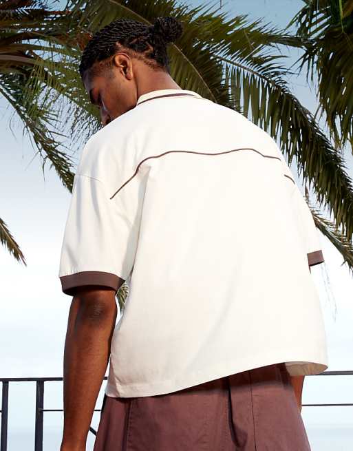 DESIGN Boxy Oversized Sports Polo With Piping Detail In Cream