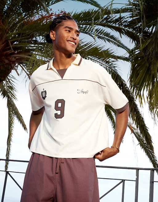 DESIGN boxy oversized sports polo with piping detail in cream