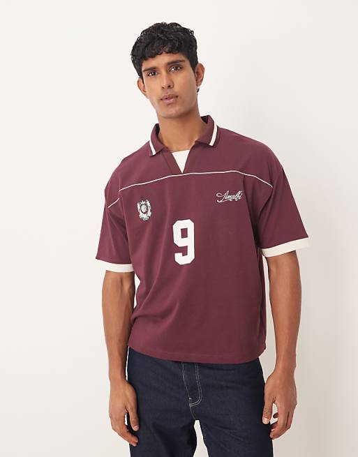 DESIGN boxy oversized sports polo with piping detail in burgundy
