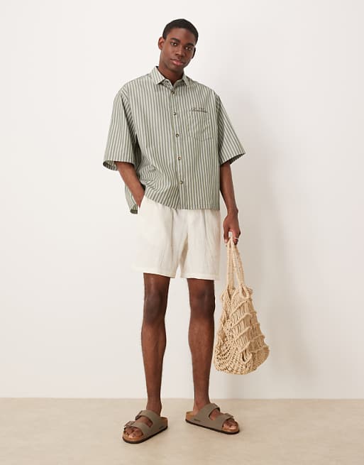 DESIGN Boxy Oversized Stripe Shirt With Chest Embroidery In Green