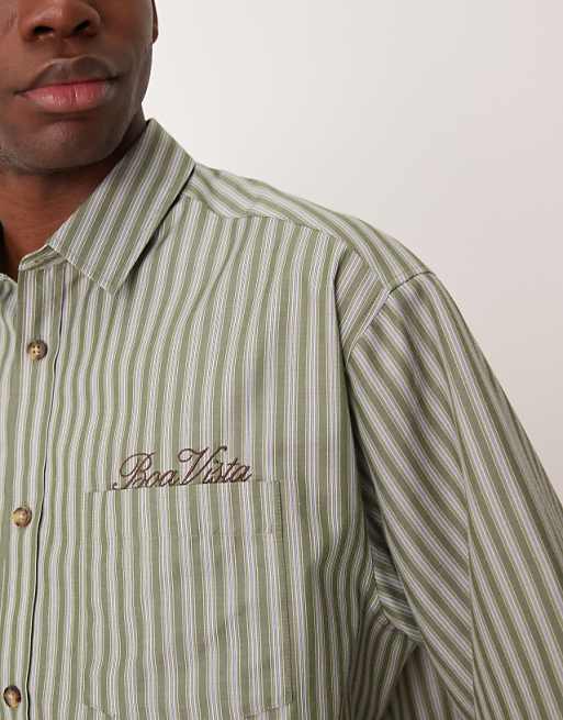 DESIGN Boxy Oversized Stripe Shirt With Chest Embroidery In Green