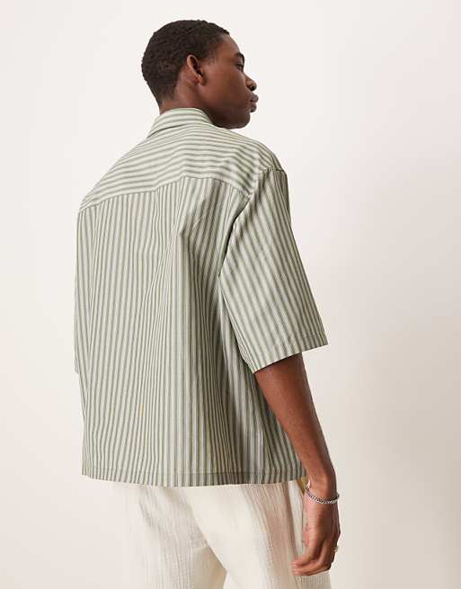 DESIGN Boxy Oversized Stripe Shirt With Chest Embroidery In Green