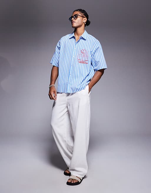 DESIGN Boxy Oversized Stripe Shirt With Chest Embroidery In Blue