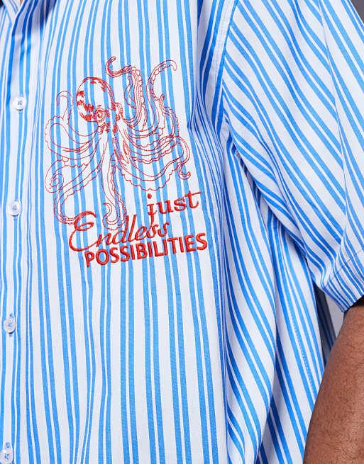 DESIGN Boxy Oversized Stripe Shirt With Chest Embroidery In Blue