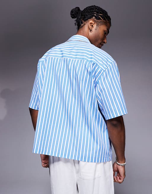 DESIGN Boxy Oversized Stripe Shirt With Chest Embroidery In Blue