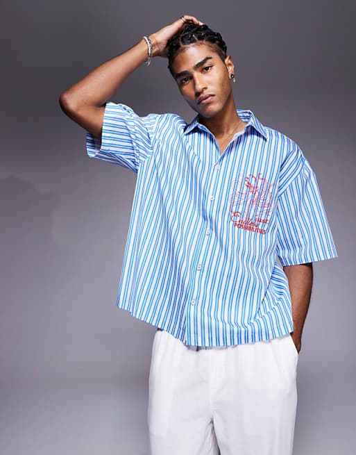 DESIGN boxy oversized stripe shirt with chest embroidery in blue