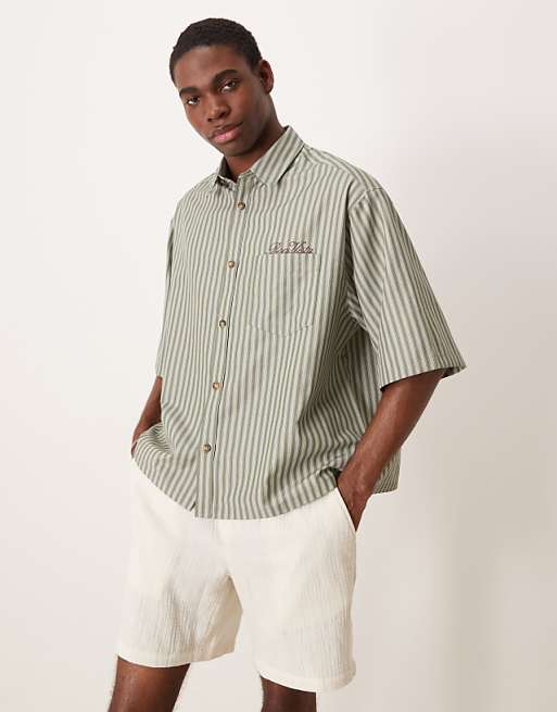 DESIGN boxy oversized stripe shirt with chest embroidery in green