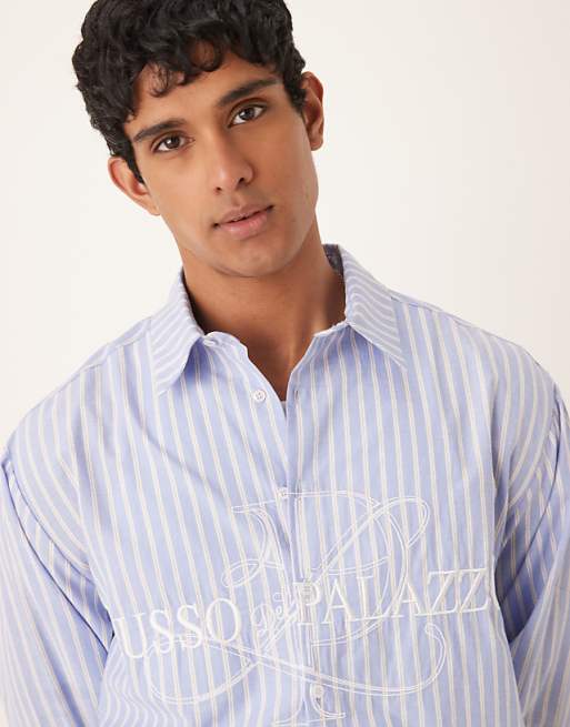 DESIGN Boxy Oversized Striped Shirt With Embroidery In Blue