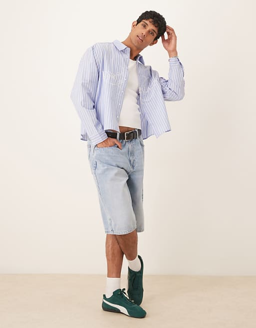 DESIGN Boxy Oversized Striped Shirt With Embroidery In Blue