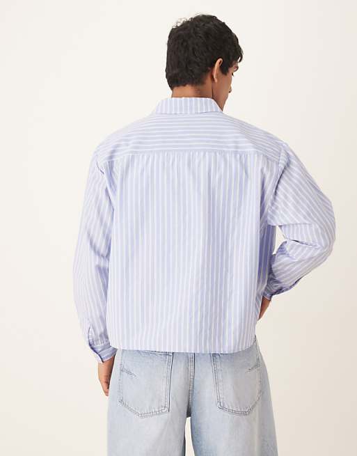 DESIGN Boxy Oversized Striped Shirt With Embroidery In Blue