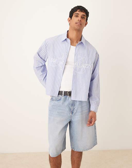 DESIGN boxy oversized striped shirt with embroidery in blue