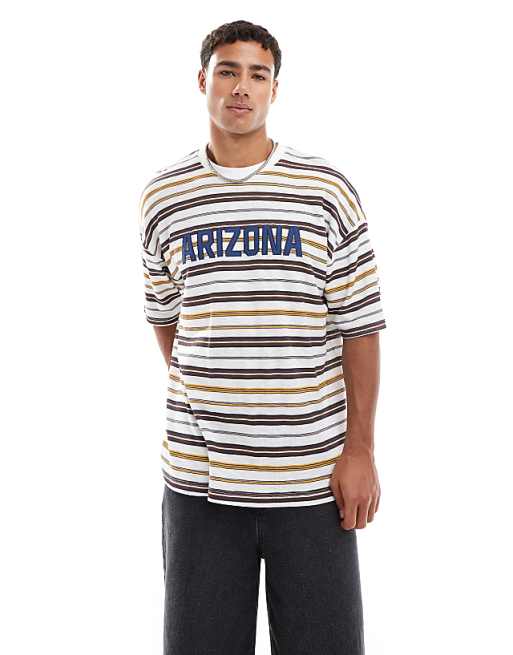 DESIGN Boxy Oversized Striped T-shirt With Chest Applique In White And Brown