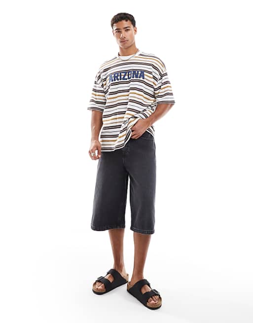 DESIGN Boxy Oversized Striped T-shirt With Chest Applique In White And Brown