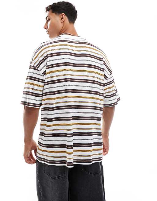 DESIGN Boxy Oversized Striped T-shirt With Chest Applique In White And Brown