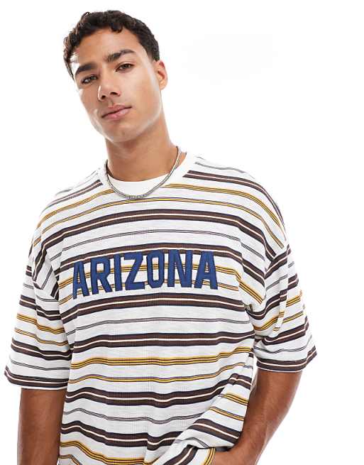 DESIGN boxy oversized striped t-shirt with chest applique in white and brown