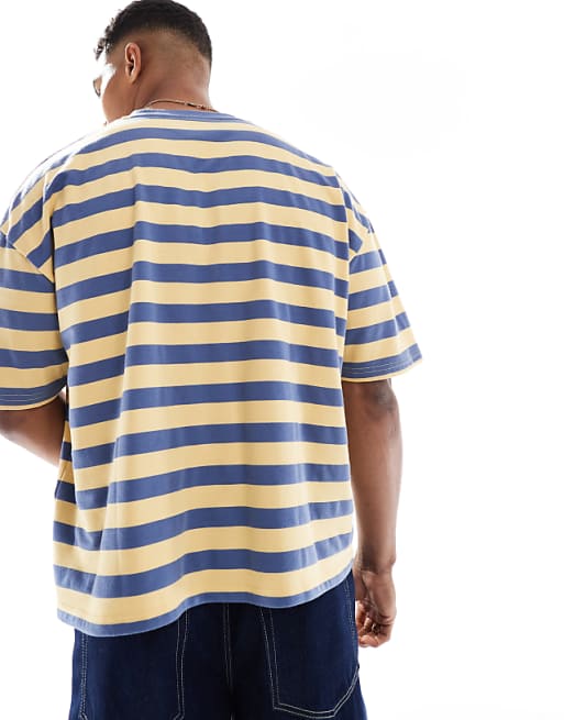 DESIGN Boxy Oversized Striped T-shirt With Front Graphic In Sand And Blue