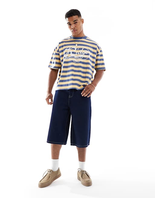 DESIGN Boxy Oversized Striped T-shirt With Front Graphic In Sand And Blue