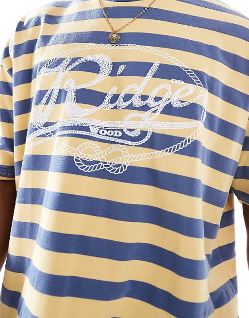 DESIGN Boxy Oversized Striped T-shirt With Front Graphic In Sand And Blue