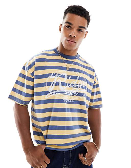 DESIGN boxy oversized striped t-shirt with front graphic in sand and blue