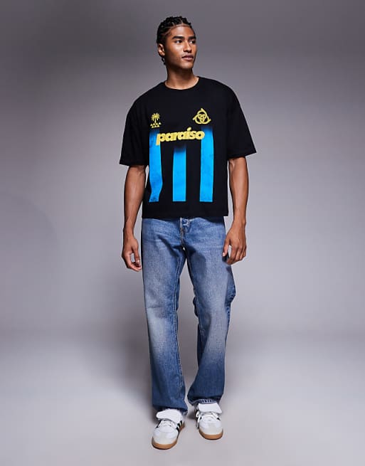 DESIGN Boxy Oversized Striped T-shirt With Sports Graphic In Black