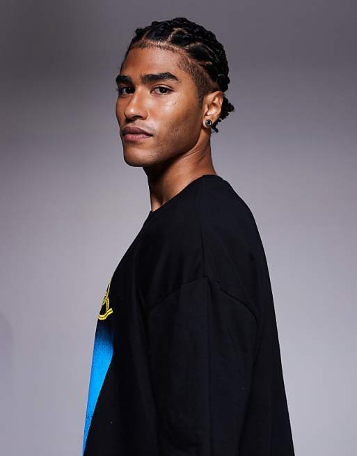 DESIGN Boxy Oversized Striped T-shirt With Sports Graphic In Black